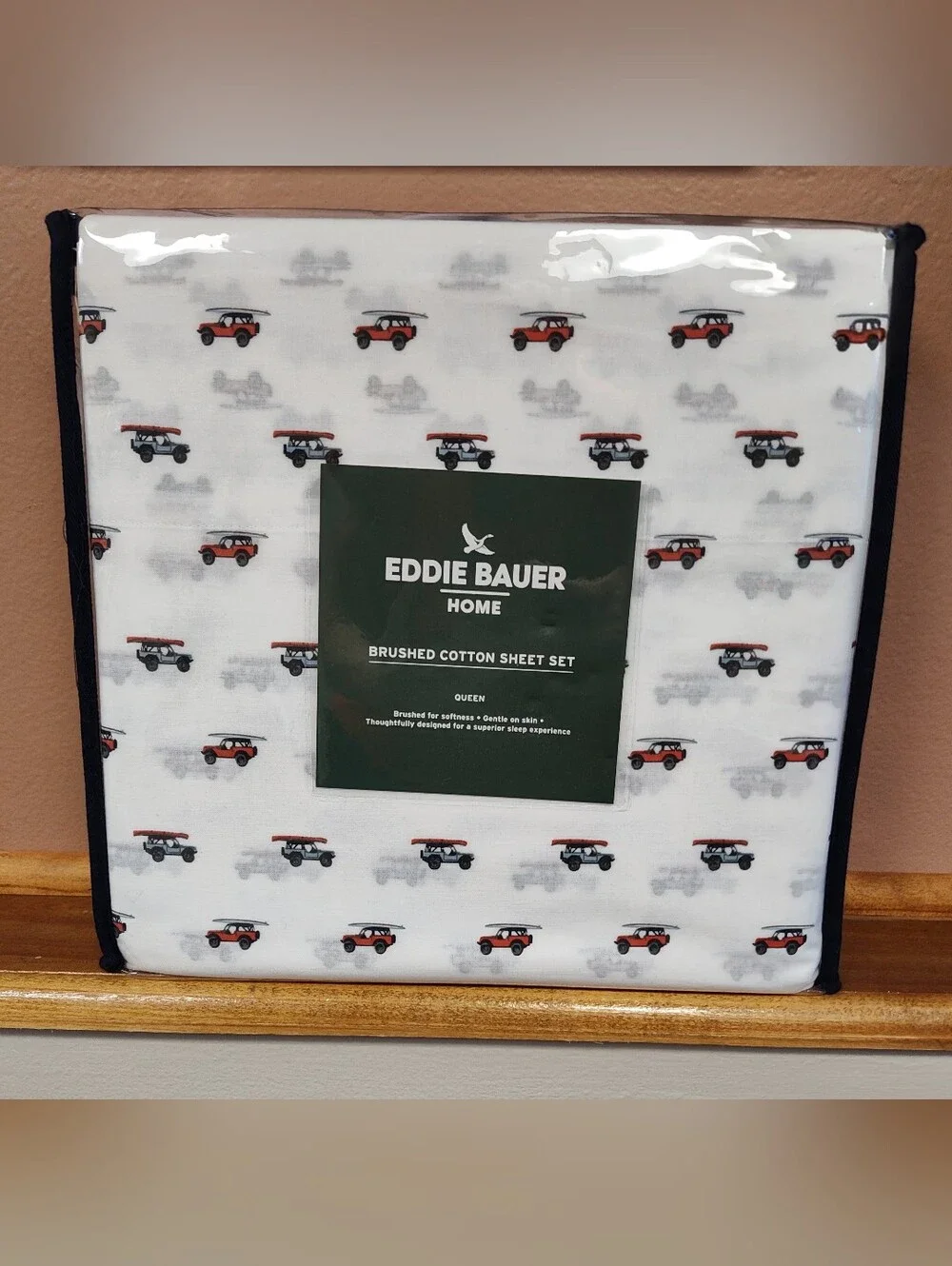 NWT! Eddie Bauer Brushed 100% Cotton Queen Size Sheet Set Jeep Surfboard Pattern